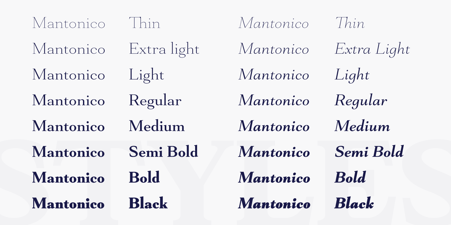 Przykład czcionki Mantonico Extra Light